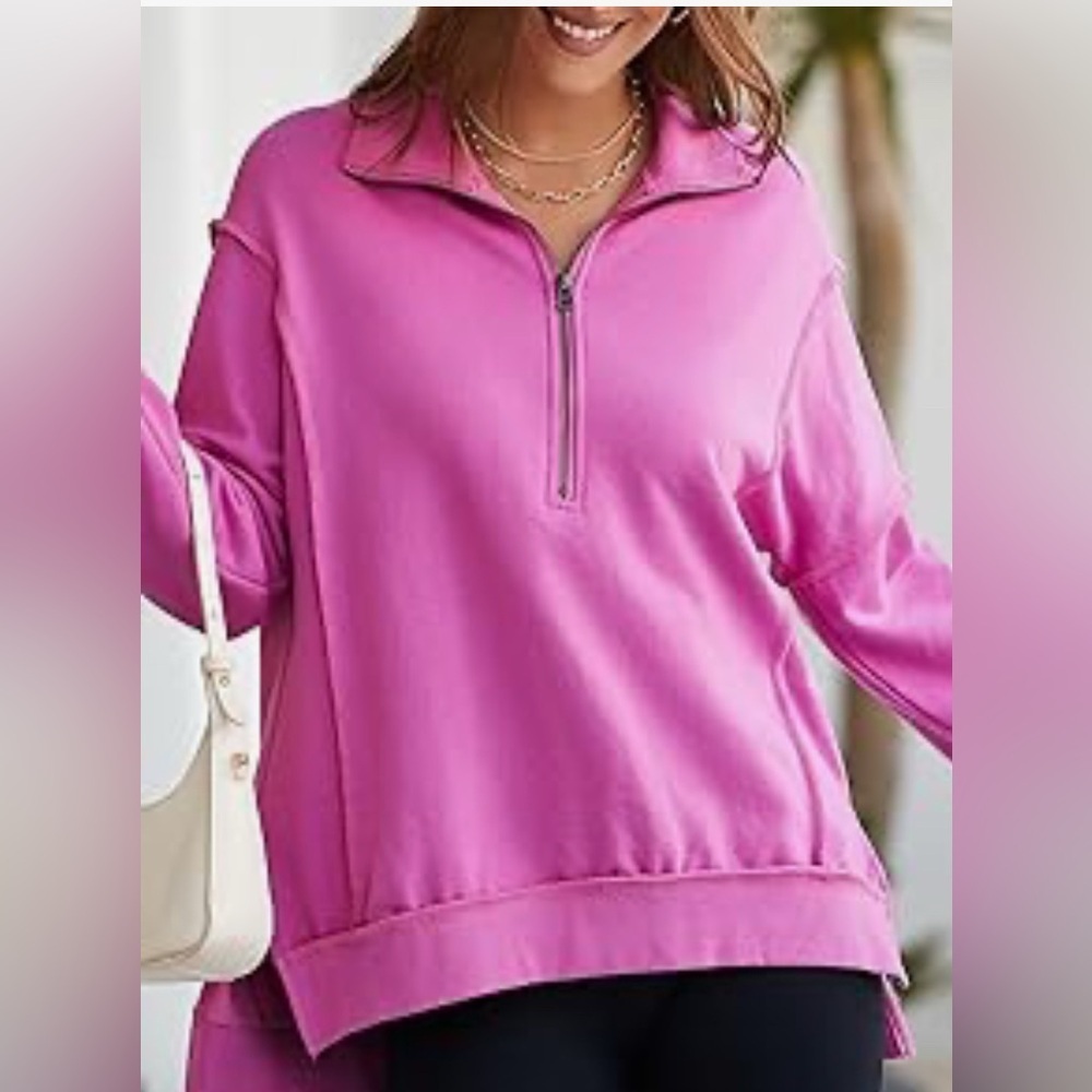 New-Oversized Sweatshirt Half Zip Fleece Pullover Long Sleeve Side Slit Tops